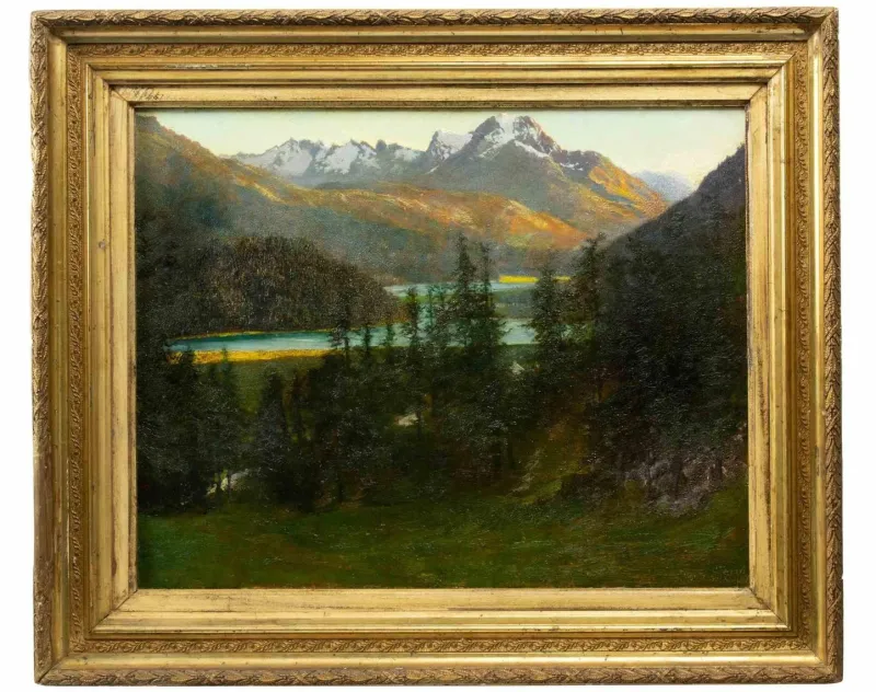 Hot Pamono Carlo Ferrari, View of Saint Moritz, Oil on Board, 1907, Framed