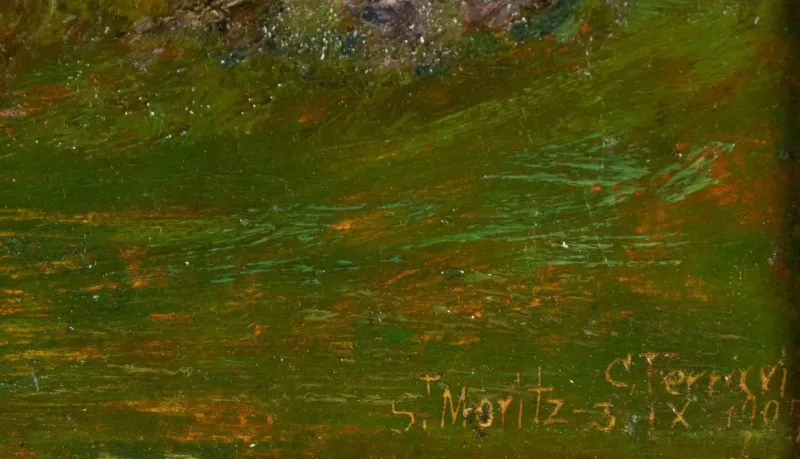 Hot Pamono Carlo Ferrari, View of Saint Moritz, Oil on Board, 1907, Framed