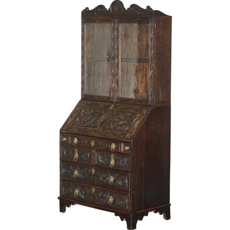 Outlet Pamono Carved English Oak Library Desk with Lions Head Brass Handles, 1860s