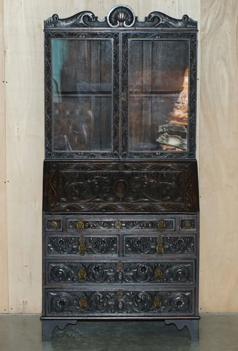 Outlet Pamono Carved English Oak Library Desk with Lions Head Brass Handles, 1860s