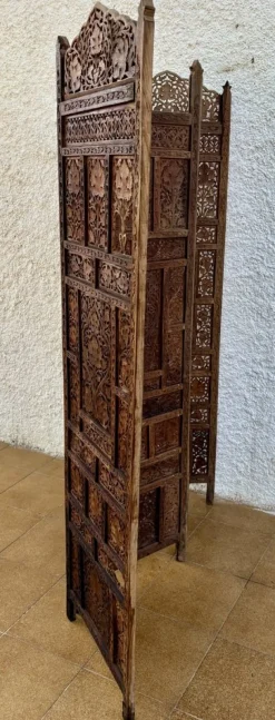 Pamono Carved Hardwood Four-Panel Anglo Indian Folding Screen, 1890s><noscript><img width=