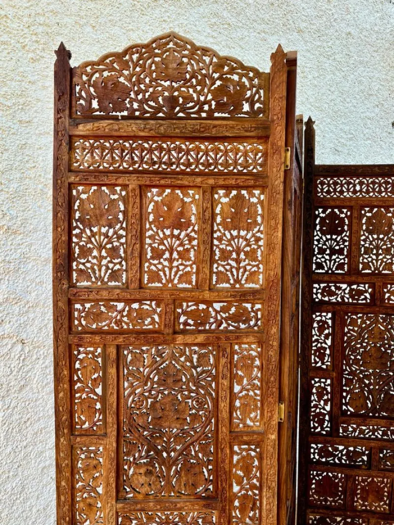 Pamono Carved Hardwood Four-Panel Anglo Indian Folding Screen, 1890s> Room Dividers & Screens