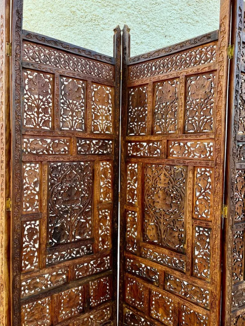 Pamono Carved Hardwood Four-Panel Anglo Indian Folding Screen, 1890s> Room Dividers & Screens