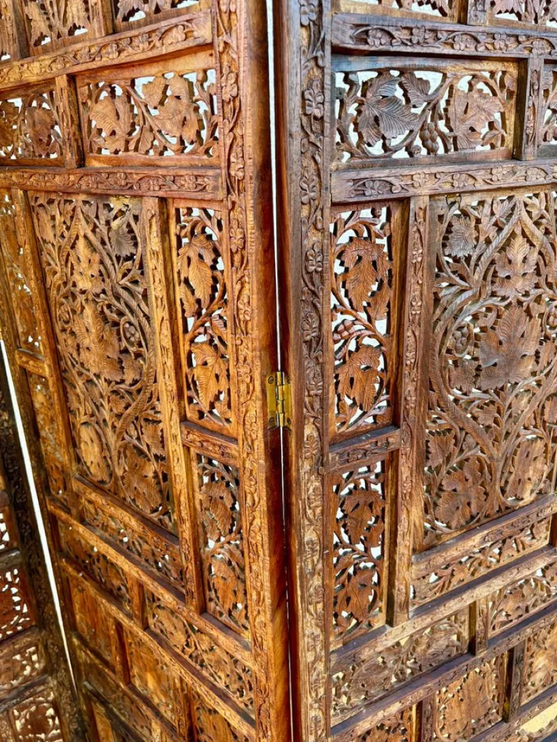 Pamono Carved Hardwood Four-Panel Anglo Indian Folding Screen, 1890s> Room Dividers & Screens