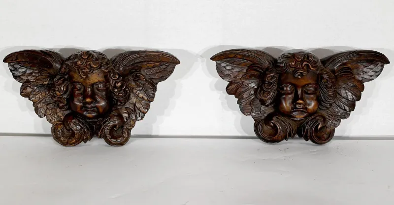 Pamono Carved Wooden Cherubs, Late 19th Century, Set of 2> Architectural Elements