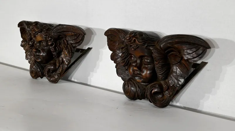 Pamono Carved Wooden Cherubs, Late 19th Century, Set of 2> Architectural Elements
