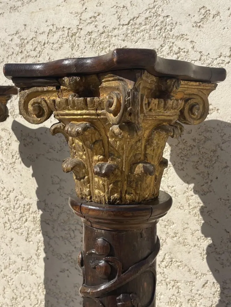 Pamono Carved Wooden Columns, Set of 2> Pedestals And Columns
