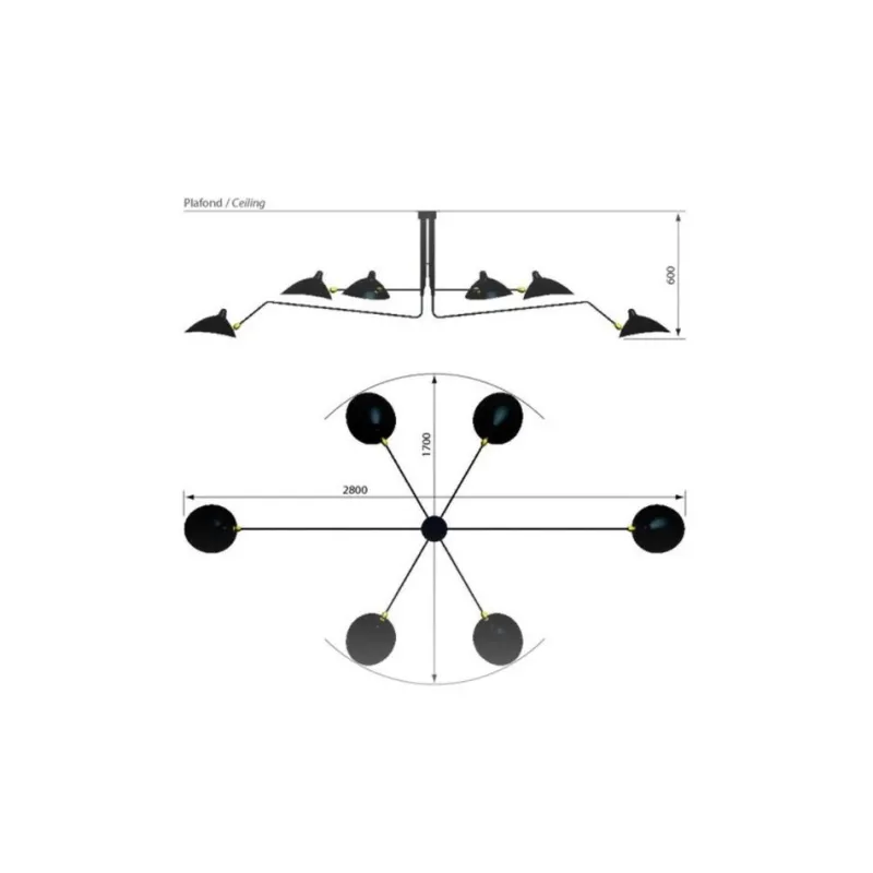 Pamono Ceiling Lamp with 6 Rotating Arms by Serge Mouille> Ceiling Lights