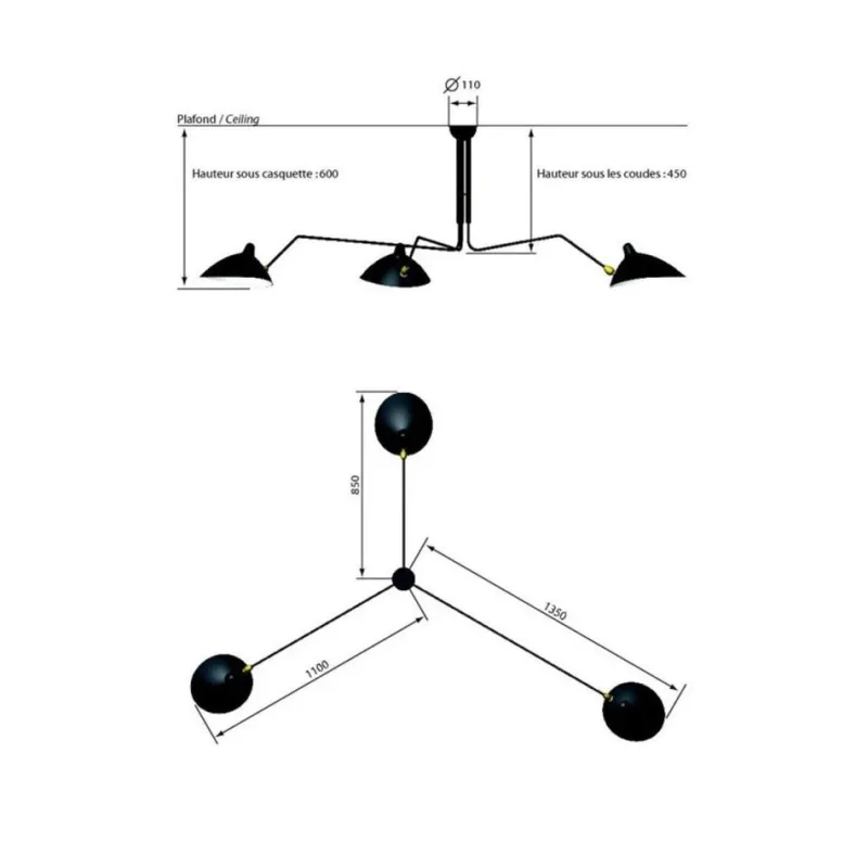 New Pamono Ceiling Lamp with Three Rotating Arms by Serge Mouille