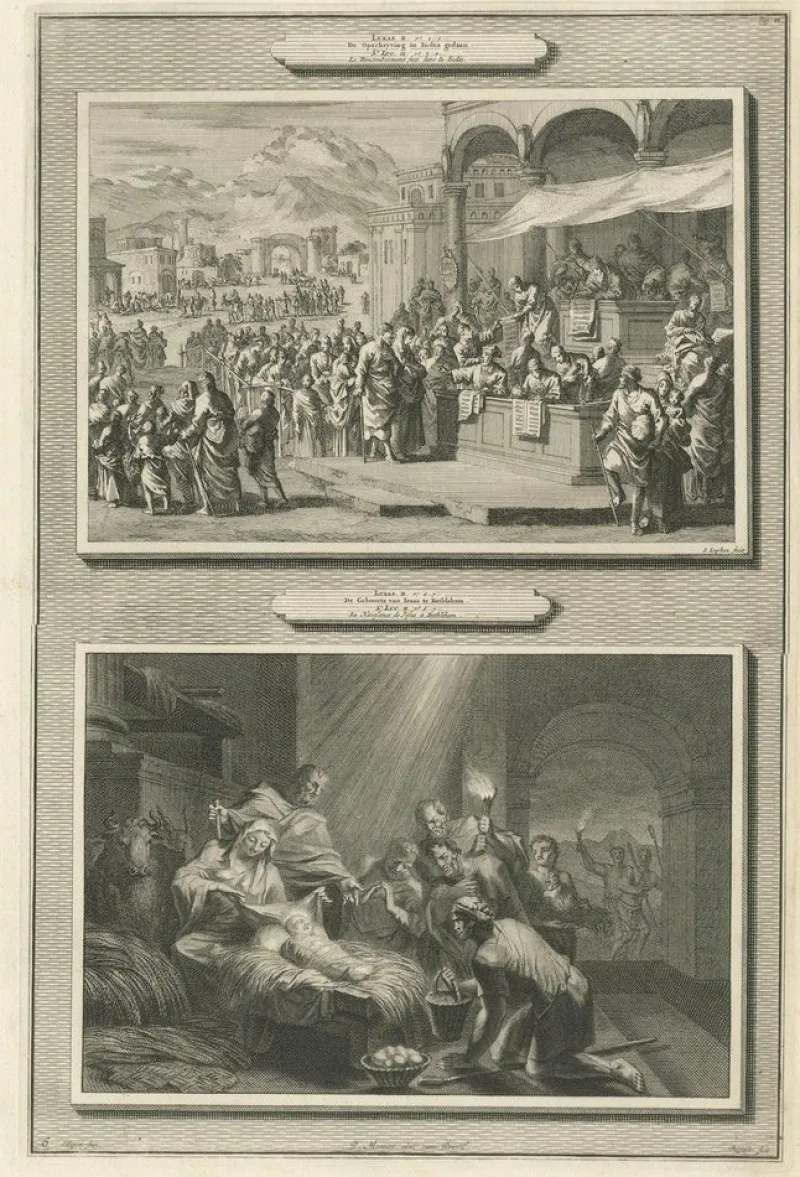 Pamono Census of Bethlehem and Christs Nativity Mortier Engraving, 1700s, Paper> Prints & Multiples