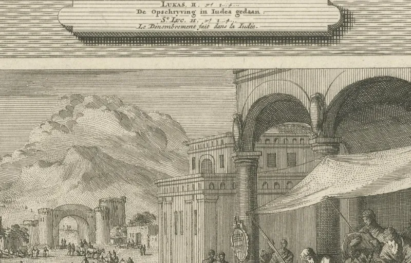 Pamono Census of Bethlehem and Christs Nativity Mortier Engraving, 1700s, Paper> Prints & Multiples