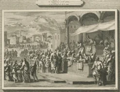 Pamono Census of Bethlehem and Christs Nativity Mortier Engraving, 1700s, Paper><noscript><img width=