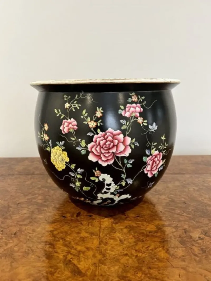 Pamono Ceramic Jardiniere with Flower Decor, 1920s> Planters And Jardiniere