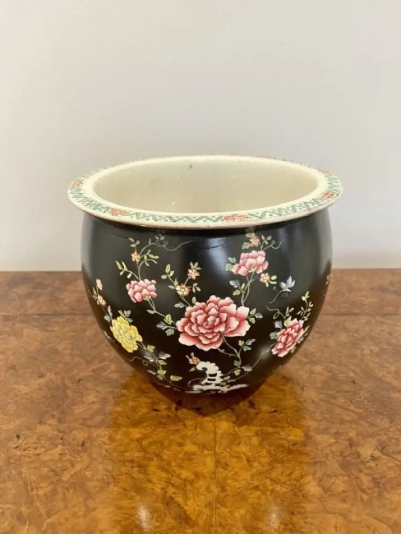 Pamono Ceramic Jardiniere with Flower Decor, 1920s> Planters And Jardiniere