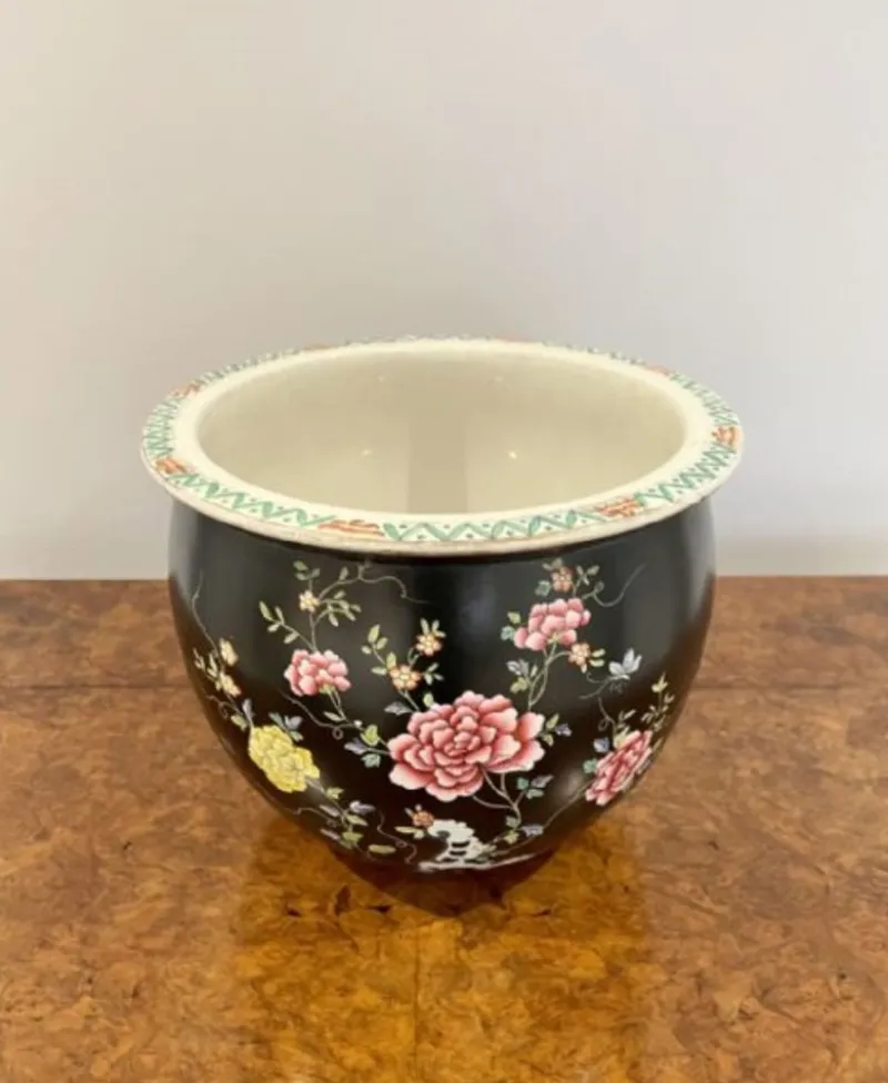 Pamono Ceramic Jardiniere with Flower Decor, 1920s> Planters And Jardiniere