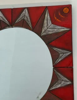Clearance Pamono Ceramic Mirror Representing a Stylized Sun on a Red Background attributed to Oswald Tiberghien