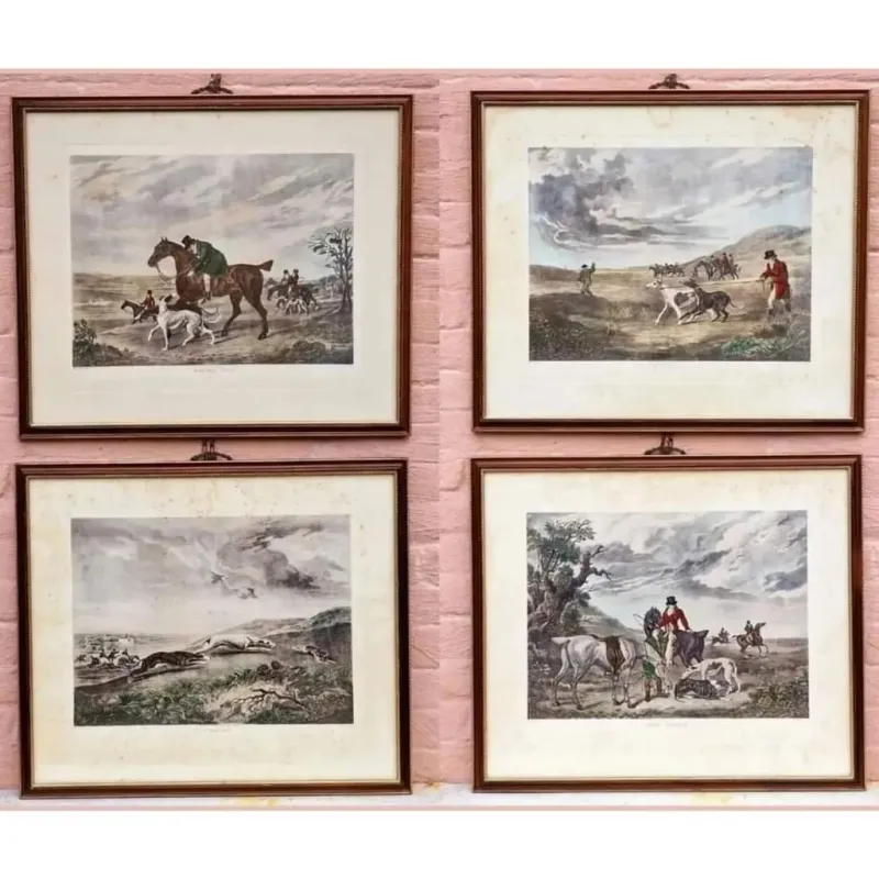Pamono Charles Turner, English Hare Hunting Scenes with Greyhounds, 1890, Watercolor Prints, Set of 4> Classical