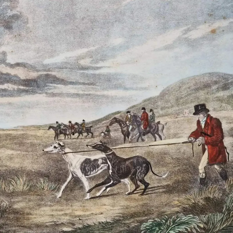Pamono Charles Turner, English Hare Hunting Scenes with Greyhounds, 1890, Watercolor Prints, Set of 4> Classical