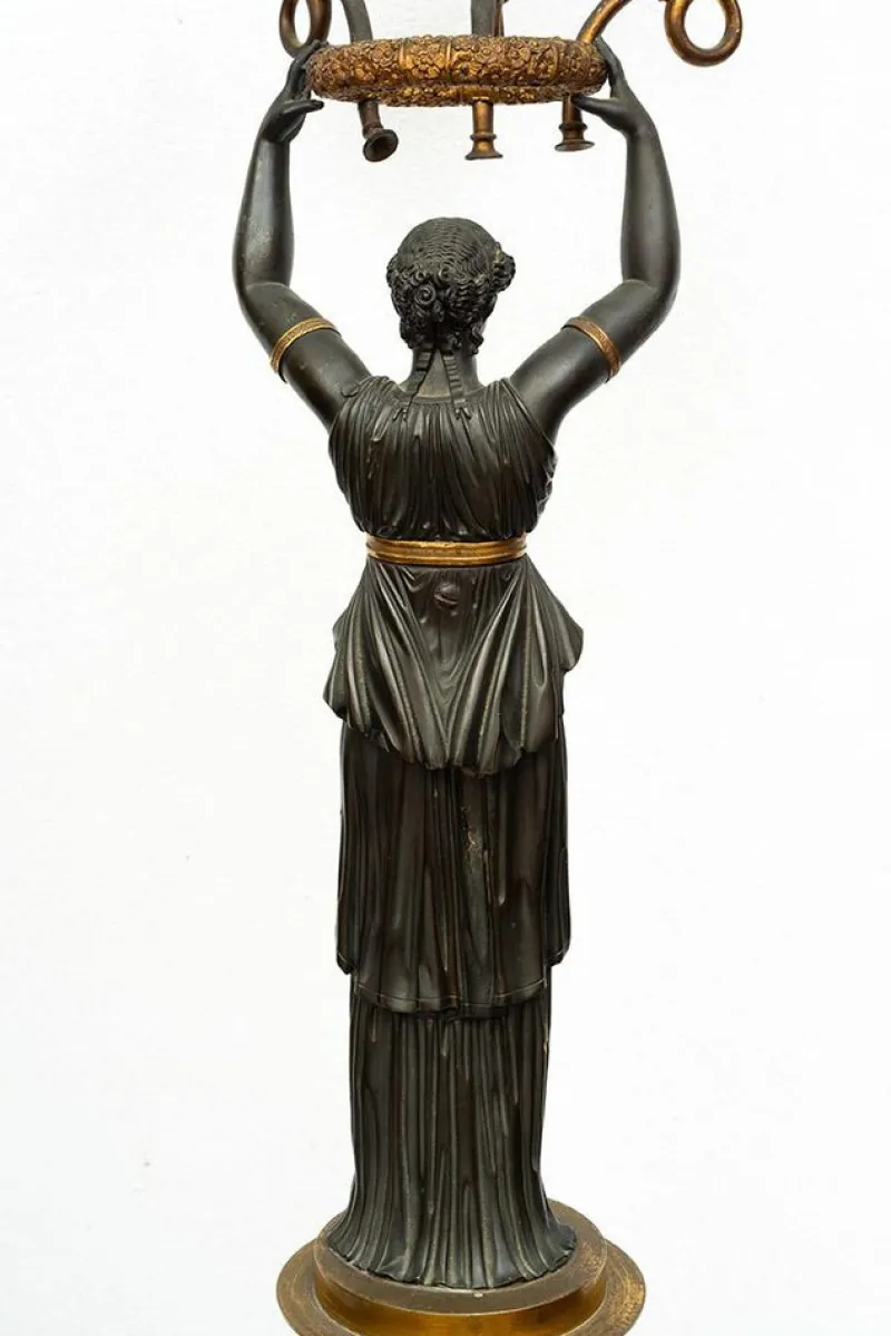 Discount Pamono Charles X Candlesticks or Flambeaux in Patinated Bronze and White Statuary Marble, France, Early 19th Century, Set of 2