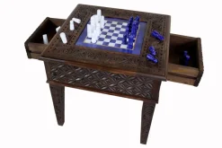 Clearance Pamono Chess Table with Chess Pieces in Handcarved Cedar, 1990s, Set of 17