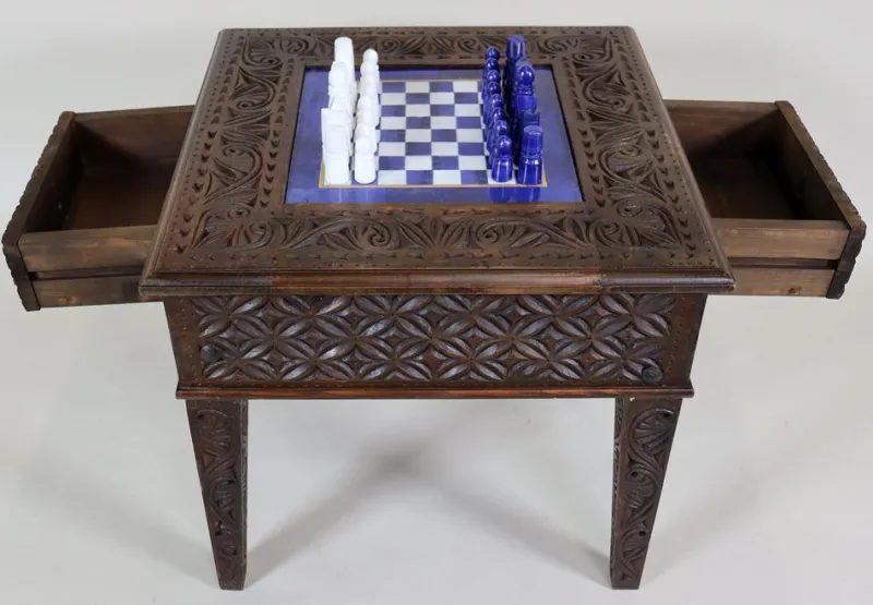 Clearance Pamono Chess Table with Chess Pieces in Handcarved Cedar, 1990s, Set of 17