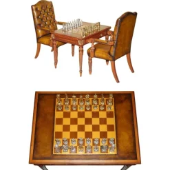 Pamono Chessboard Table and Chesterfield Armchairs in Leather, Set of 3> Game Tables