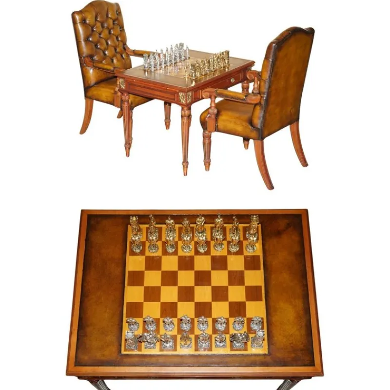 Pamono Chessboard Table and Chesterfield Armchairs in Leather, Set of 3> Game Tables