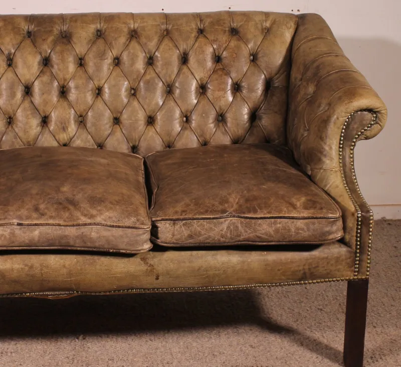Best Pamono Chesterfield 3-Seater Sofa in Light Olive Leather, 1930s