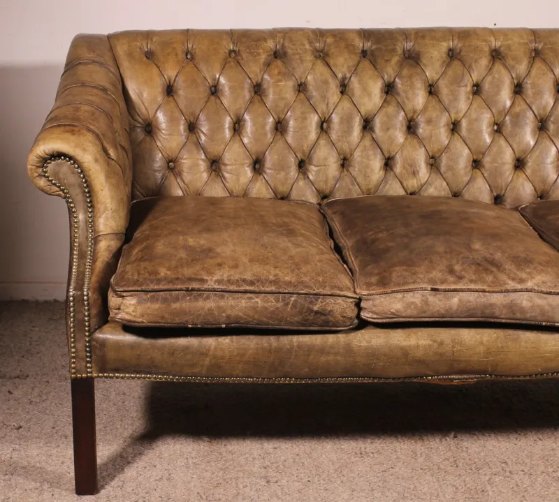 Best Pamono Chesterfield 3-Seater Sofa in Light Olive Leather, 1930s