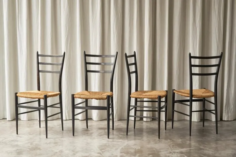Sale Pamono Chiavari Chairs in Ebonized Wood and Straw by Gio Ponti for Fratelli Spinetto, Italy, 1940s, Set of 4