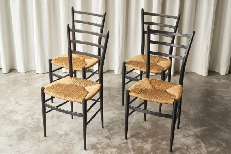 Sale Pamono Chiavari Chairs in Ebonized Wood and Straw by Gio Ponti for Fratelli Spinetto, Italy, 1940s, Set of 4