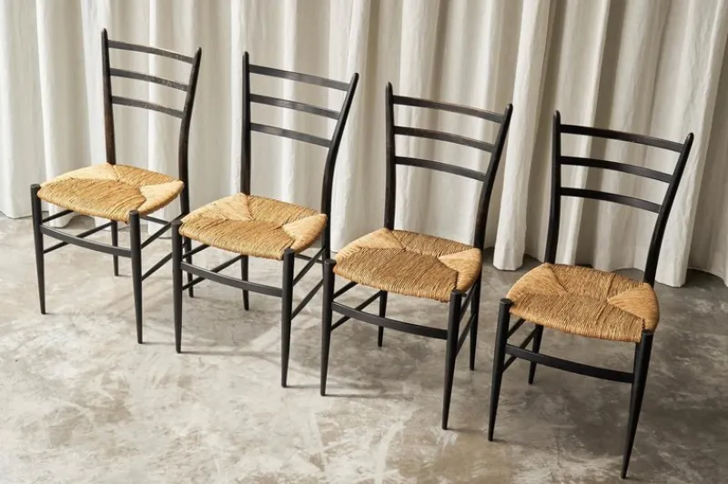 Sale Pamono Chiavari Chairs in Ebonized Wood and Straw by Gio Ponti for Fratelli Spinetto, Italy, 1940s, Set of 4