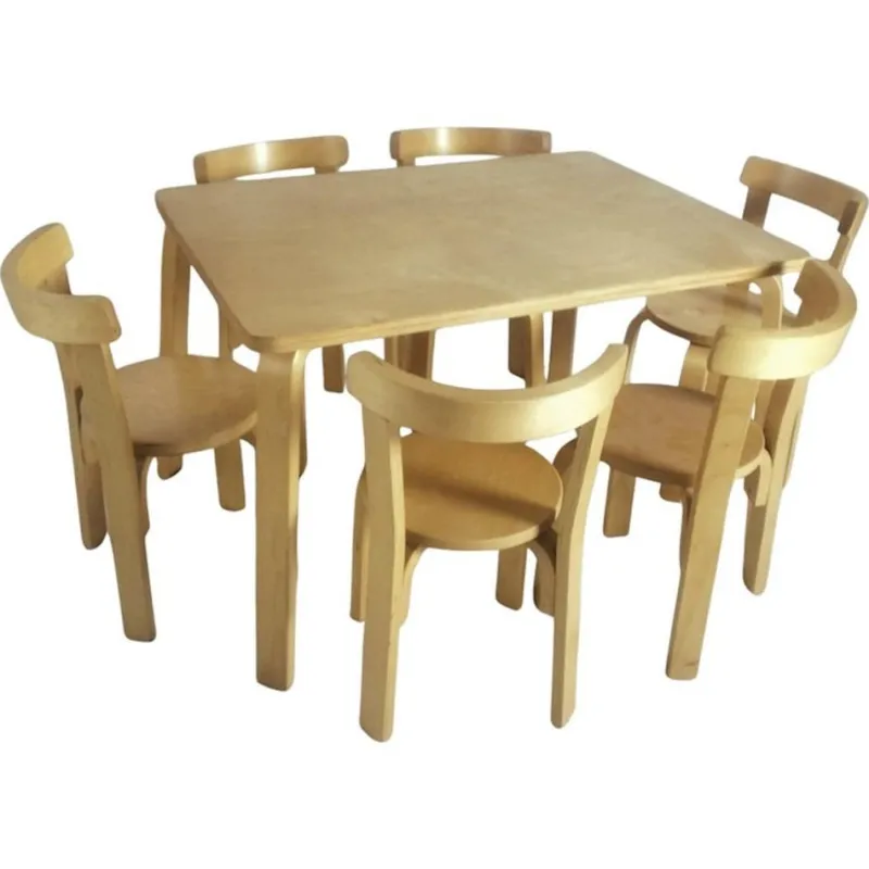 Pamono Children's Chairs and Table attributed to Alvar Aalto for Artek, 1970s, Set of 7
