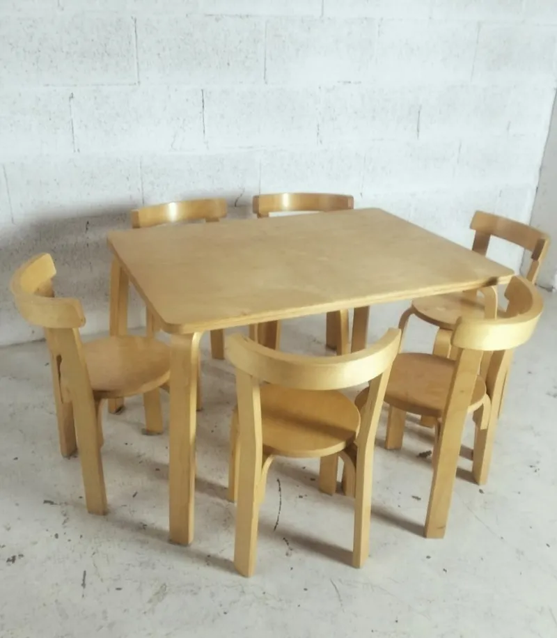 Pamono Children's Chairs and Table attributed to Alvar Aalto for Artek, 1970s, Set of 7