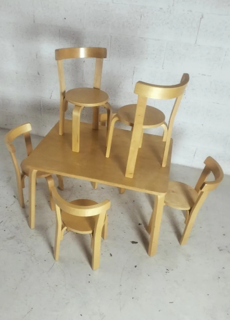 Pamono Children's Chairs and Table attributed to Alvar Aalto for Artek, 1970s, Set of 7