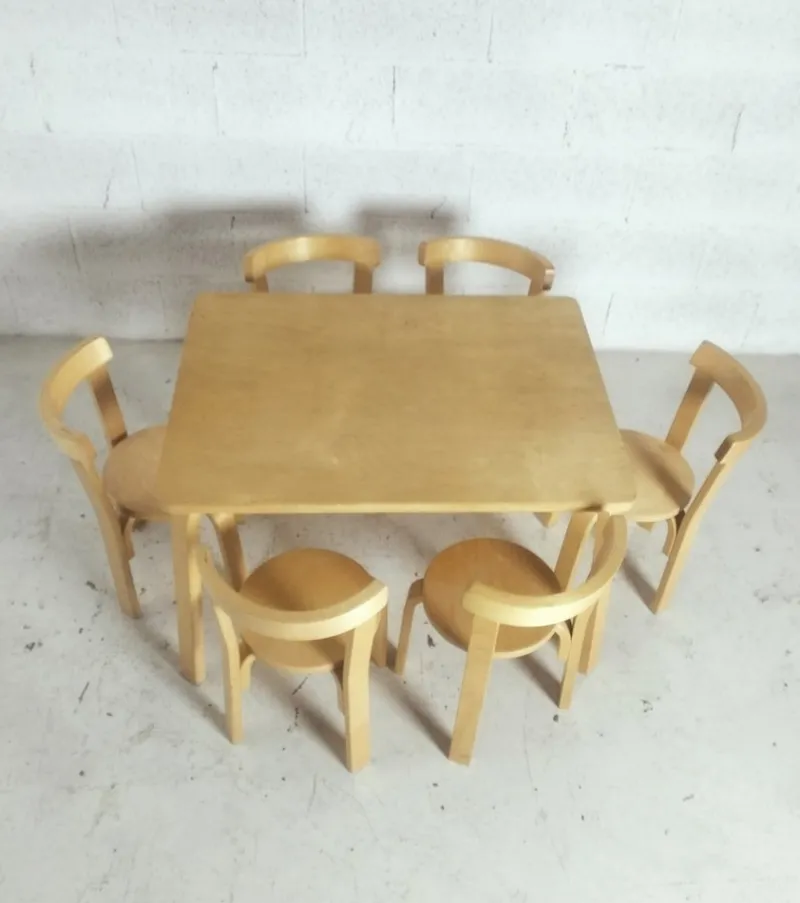 Pamono Children's Chairs and Table attributed to Alvar Aalto for Artek, 1970s, Set of 7