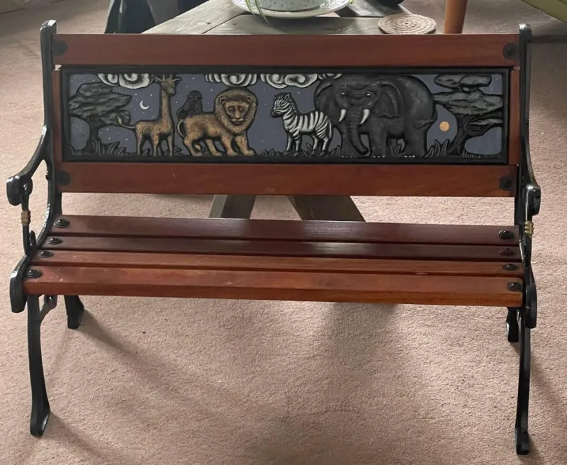 Outlet Pamono Childrens Safari Animals Themed Hand Painted Cast Iron & Mahogany Garden Bench