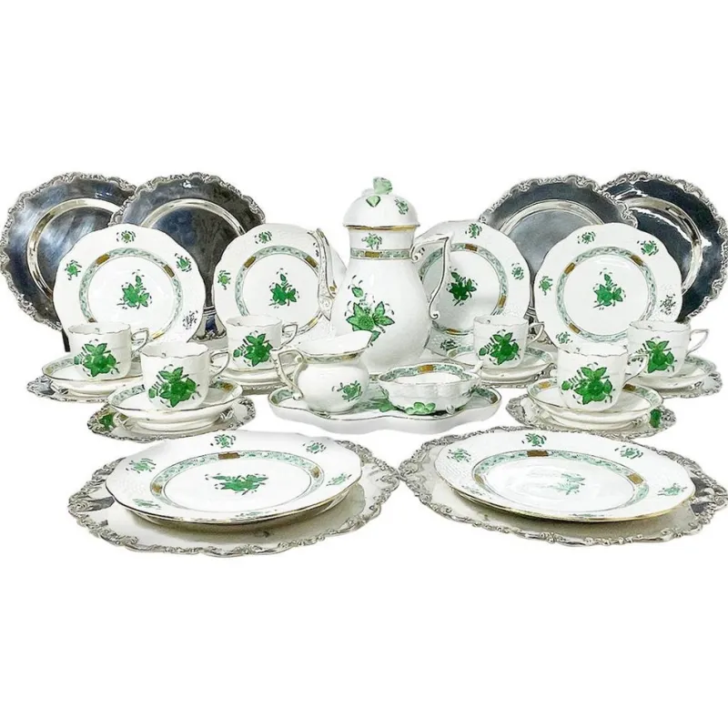 Pamono Chinese Bouquet Apponyi Green Porcelain Coffee Set with Silver from Herend Hungary, Set of 28> Coffee & Tea Service