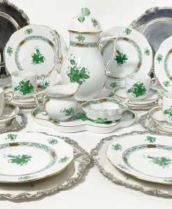 Pamono Chinese Bouquet Apponyi Green Porcelain Coffee Set with Silver from Herend Hungary, Set of 28> Coffee & Tea Service