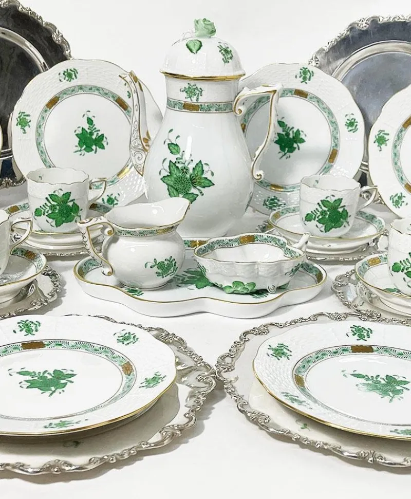 Pamono Chinese Bouquet Apponyi Green Porcelain Coffee Set with Silver from Herend Hungary, Set of 28> Coffee & Tea Service