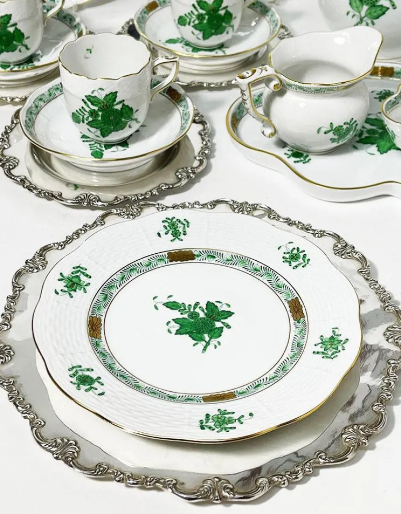 Pamono Chinese Bouquet Apponyi Green Porcelain Coffee Set with Silver from Herend Hungary, Set of 28> Coffee & Tea Service