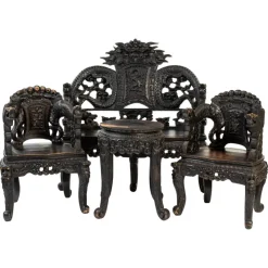 Pamono Chinese Carved Wood Living Room Set, 1930s, Set of 4> Living Room Sets