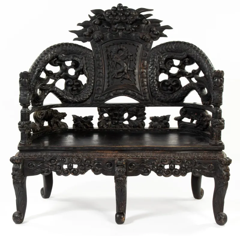 Pamono Chinese Carved Wood Living Room Set, 1930s, Set of 4> Living Room Sets