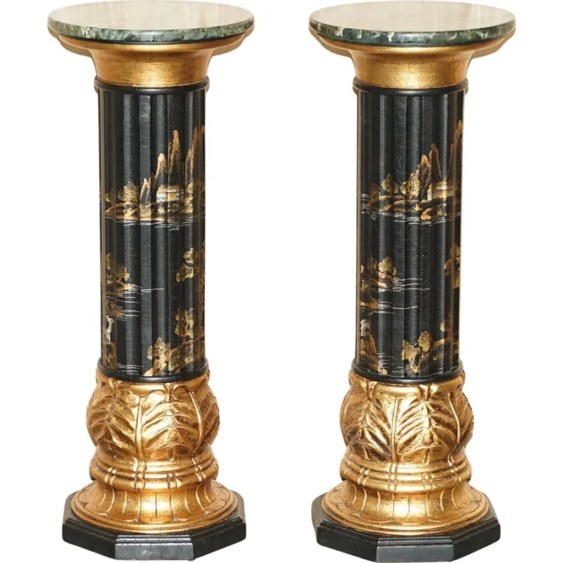 Online Pamono Chinese Neoclassical Style Chinoiserie Lacquered Torcheres Columns, 1920s, Set of 2