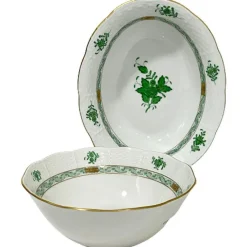 Clearance Pamono Chinese Porcelain Apponyi Green Bouquet Bowl and Oval Dish from Herend Hungary, Set of 2