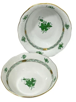 Clearance Pamono Chinese Porcelain Apponyi Green Bouquet Bowl and Oval Dish from Herend Hungary, Set of 2
