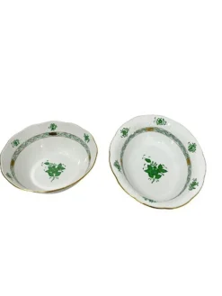 Clearance Pamono Chinese Porcelain Apponyi Green Bouquet Bowl and Oval Dish from Herend Hungary, Set of 2