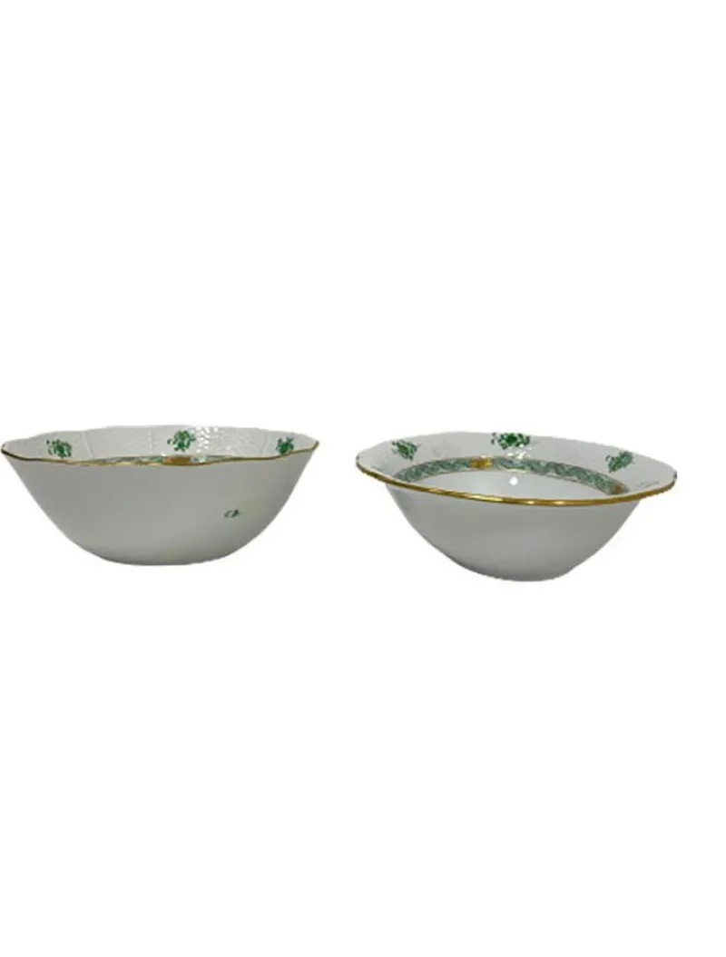 Clearance Pamono Chinese Porcelain Apponyi Green Bouquet Bowl and Oval Dish from Herend Hungary, Set of 2