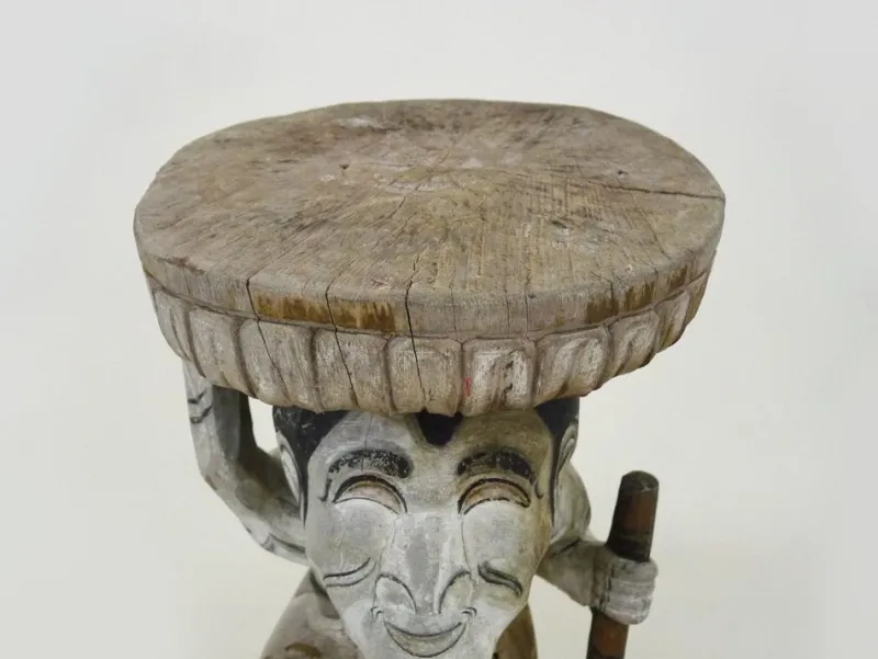 Hot Pamono Chinese Sculptural Plant Pedestal in Polychrome Carved Wood, Early 20th Century