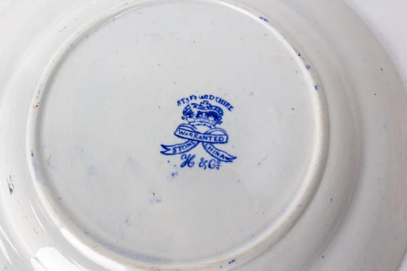 Pamono Chinese Style Faience Plates from Staffordshire, England, 19th Century, Set of 12> Dinner Plates & Bowls